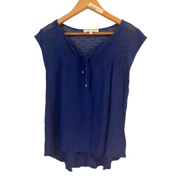 Daniel Rainn Navy Blue Cap Sleeve Top with Lace Detail -100% Rayon Casual Blouse - Picture 2 of 5